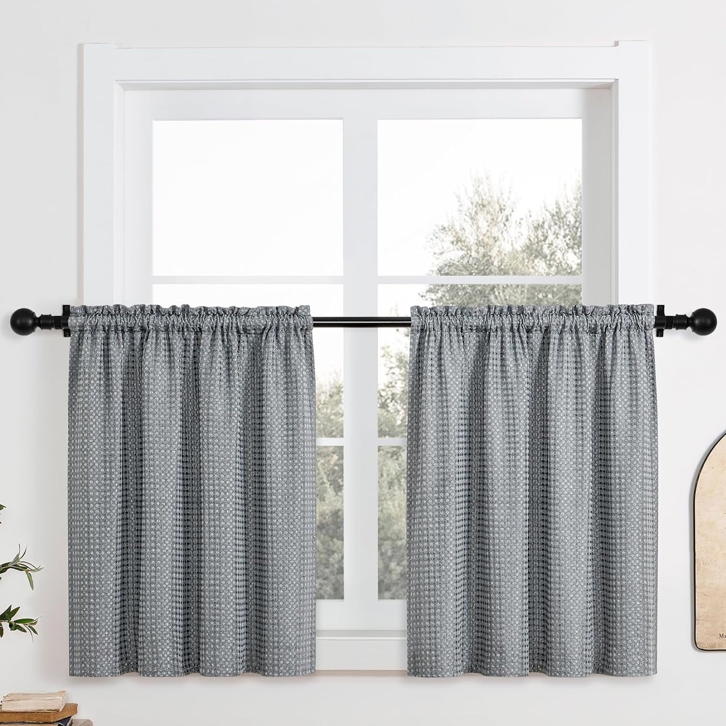 Home Queen White Water Resistant Bathroom Window Curtain, Waffle Textured Half Tier Curtains for Kitchen Cafe, 36" W X 36" L Inches, Set of 2