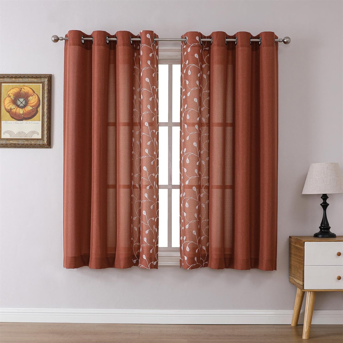 MIUCO Floral Embroidered Semi Sheer Curtains Faux Linen Grommet Curtains for Girls Room 52 X 84 Inch Set of 2, off White  MIUCO Mix  Match - Rust 52X63 Inch 