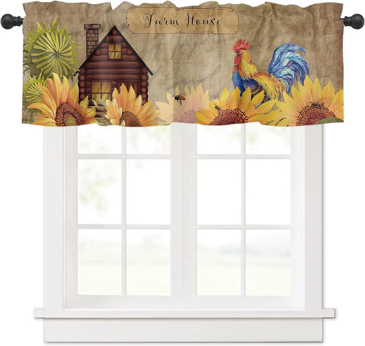 54X18 Inch Curtain Valance Farm House Polyester Valances for Home Decor with Rod Pocket, Window Drape for Girls Bedroom Kitchen Dorm Bathroom Decoration Watercolor Rooster and Sunflowers
