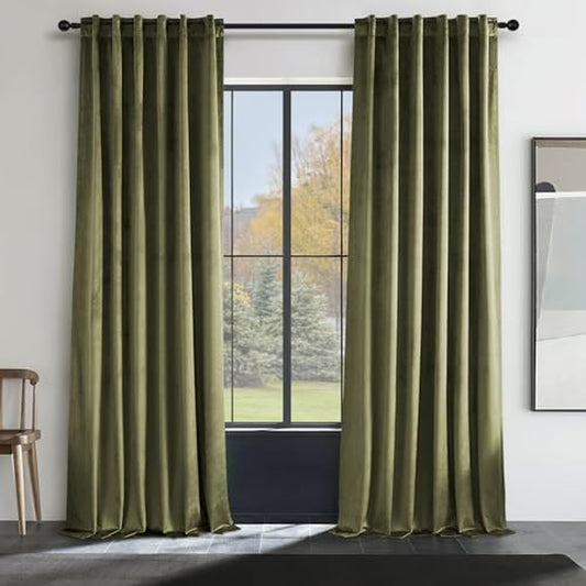 Topfinel Olive Green Velvet Curtains 84 Inches Long for Living Room,Blackout Thermal Insulated Curtains for Bedroom,Back Tab Modern Window Treatment for Living Room,52X84 Inch Length,Olive Green  Top Fine Olive Green 52" X 92" 