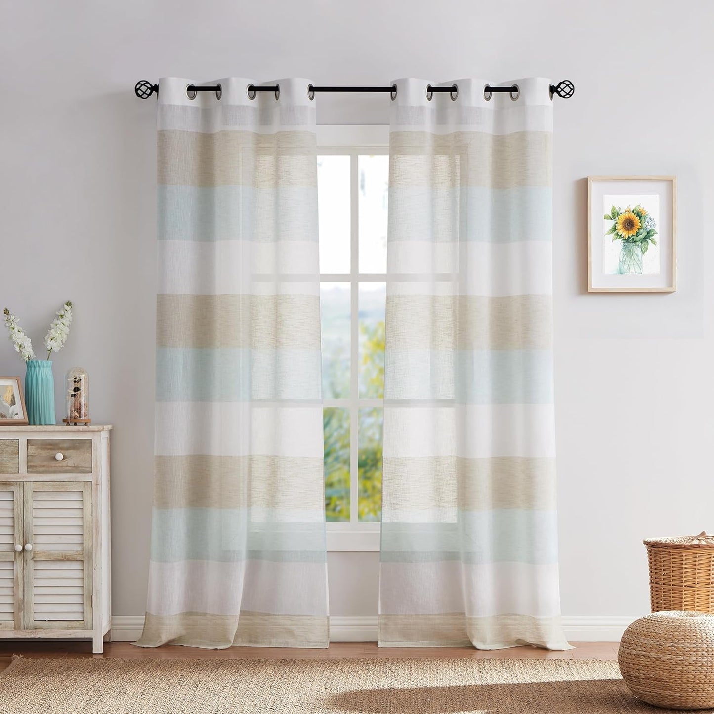 Central Park Gray Tan Stripe Sheer Color Block Window Curtain Panel Linen Window Treatment for Bedroom Living Room Farmhouse 84 Inches Long with Grommets, 2 Panel Rustic Drapes  Central Park Tan/Spa Blue 40"X84"X2 
