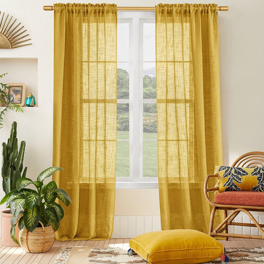 SHINELAND Mustard Yellow Window Curtain Panels for Living Room 84 Inch Length Set of 2 Long Semi Sheer Drapes,Light Filtering Reducing Rod Pocket Linen Textured Boho Curtains for Bedroom,Dark Gold  SHINELAND TEXTILE Mustard Yellow 42"X84" 