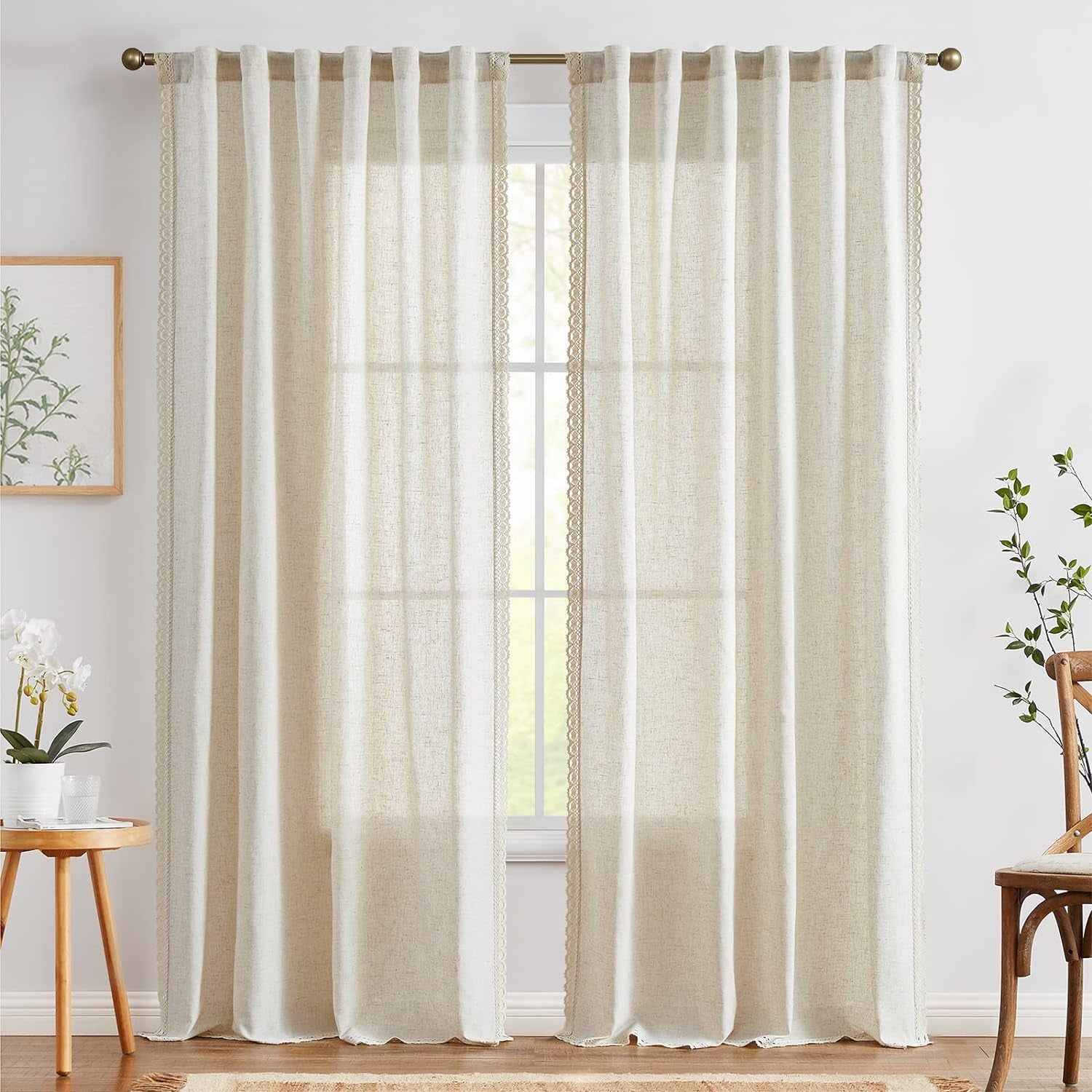 Lazzzy Christmas Linen Semi Sheer Curtains for Living Room Decor for Bedroom Thermal Insulated Curtain for Winter Cream Beige Boho Curtains Rod Pocket Window Treatments Drapes, 63 Inch Long,2 Panels  TOPICK Laced Ecru W50 X L84 