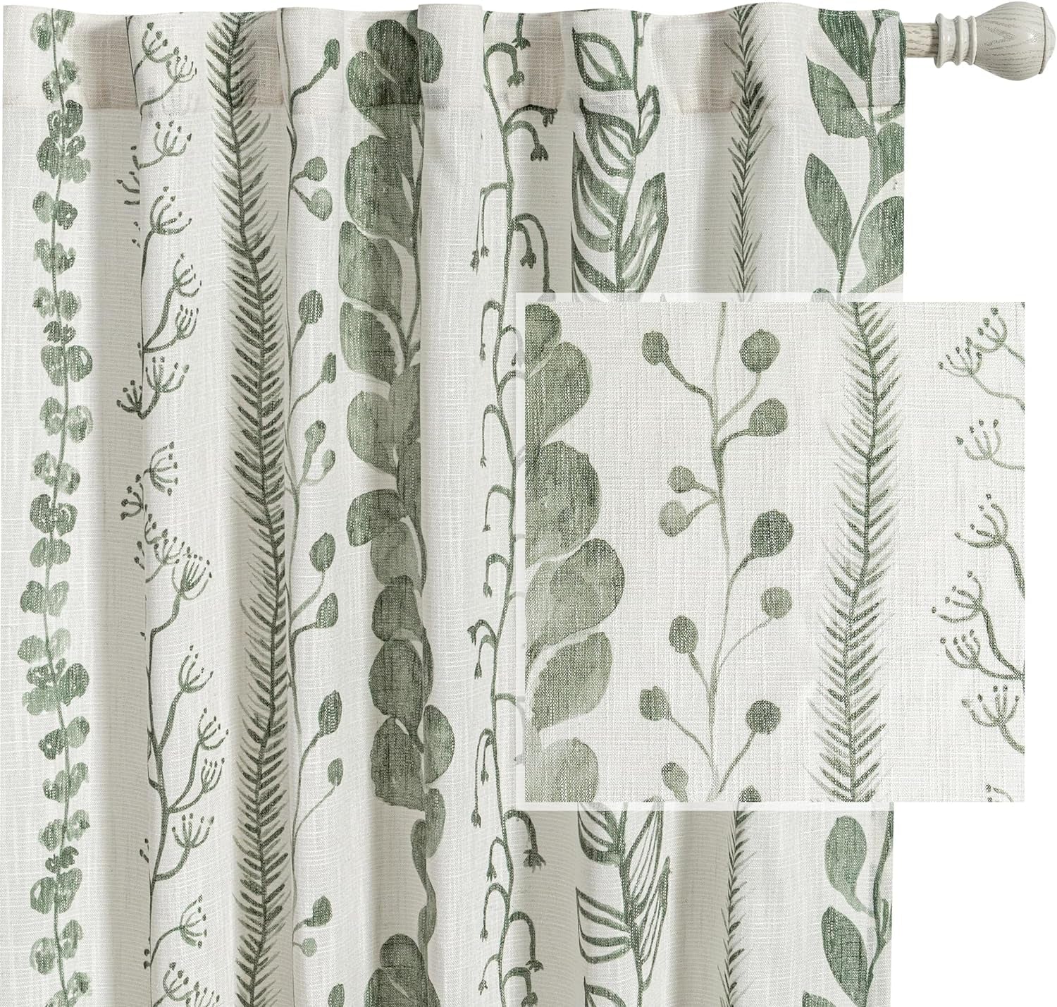 Boho Curtains for Living Room Light Filtering Privacy Protection Cotton Curtains 84 Inch Length 2 Panels Bohemian Linen Style Back Tab Window Leaf Print Classical Drapes for Dining Room  MEETSKY Leaves-Sage 50"W X 84"L 
