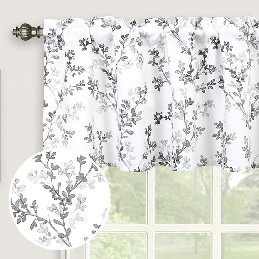 Gray Floral Valance Watercolor Botanical Flowers Leaves Printed Valances for Windows, Rod Pocket Window Treatments Valances for Kitchen Cafe Living Bathroom 52 Inch by 18 Inch, Gray