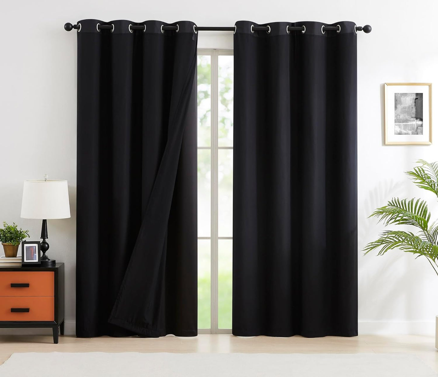 Mix and Match Blackout Curtains - Bedroom Solid Black Full Blackout Window Panels & Black Chiffon Sheer Curtains Thermal Insulated Drapes for Living Room, Grommet, 52" W X 63" L, Set of 4  Purainbow Black 52" X 95" 