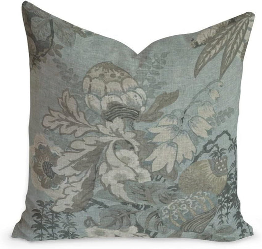 Thibaut Fairbanks Savoy Spa Blue Cushion Cover Chinoiserie Pillow Home Decorative Double Side Farmhouse Toss Daily Family Accent for Sofa Couch Bedroom Birthday Gift 20Inch Linen White-A