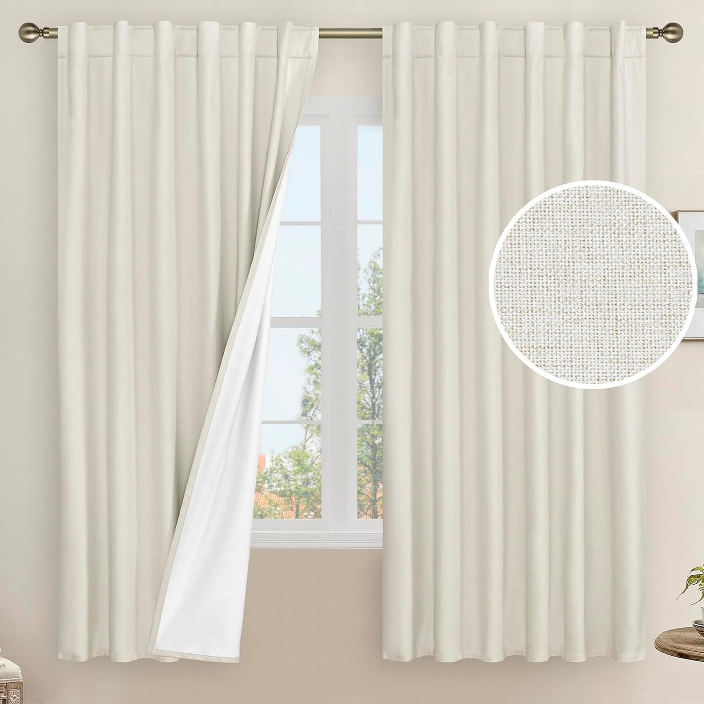 LAMIT Linen Full Blackout Window Curtains for Bedroom, 54 Inches Thermal Farmhouse Curtains Back Tab and Rod Pocket Privacy Protected Burlap Panels with White Liner, 2 Panels, 52 X 54 Inch, White  LAMIT Ivory 52W X 63L 