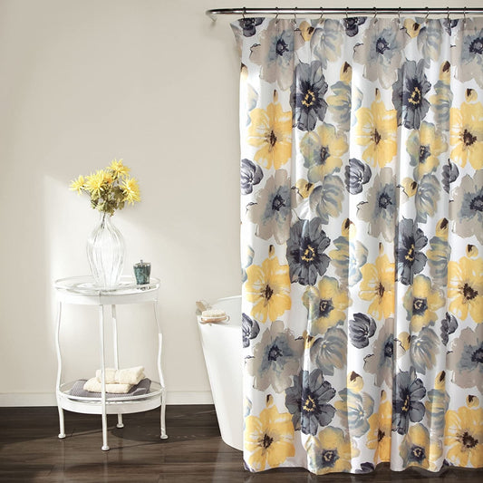 Lush Decor Leah Floral Shower Curtain, 72" W X 72" L, Yellow & Gray - Pretty Yellow Shower Curtain - Spring Decor - Colorful Blooming Flowers - Country Cottage & Farmhouse Bathroom Decor