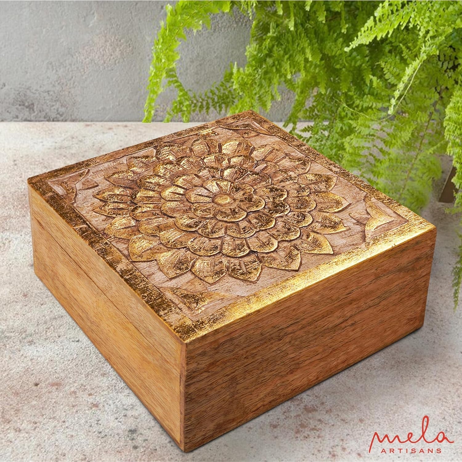 Mela Artisans Blossom Wooden Box - Natural Distressed Gold Decorative Box W/Felt Pads underneath & Wooden Carving - Unique Handmade Mangowood Keepsake Storage Box for Home - 9” X 9” X 4”