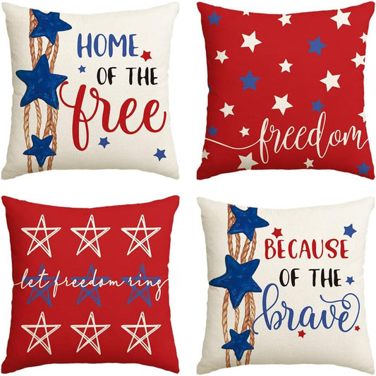 AVOIN Colorlife 4Th of July Patriotic Saying Throw Pillow Covers 20 X 20 Inch Set of 4, Independence Memorial Day Home of the Free Cushion Case for Sofa Couch