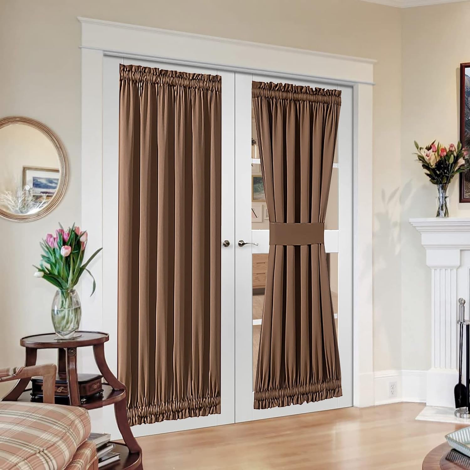 MIULEE Sidelight French Door Blackout Curtain Thermal Insulated Drapes Light Blocking Window Treatment Curtain for Narrow Glass Door Rod Pocket with Tieback 25 Inch by 72 Inch Black 1 Panel  MIULEE Cappuccino Brown 72.00" X 54.00" 