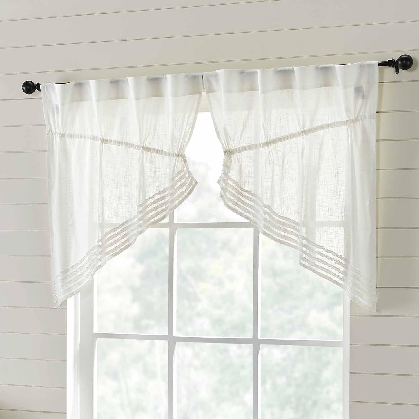Kathryn Tier Curtains, Set of 2, 24" Long, Ruffled Curtains in a Linen-Look Soft White Cotton Semi-Sheer Fabric, Farmhouse, Cottage, Country Style Sheer Kitchen Café Curtains  Piper Classics Prairie Swag 36"  