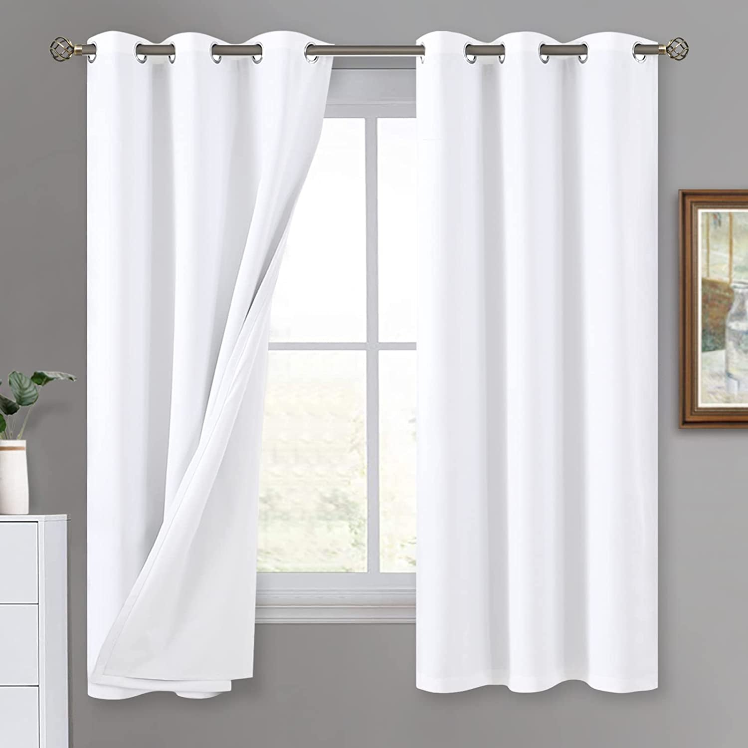 QUEMAS Short Blackout Curtains 54 Inch Length 2 Panels, 100% Light Blocking Thermal Insulated Soundproof Grommet Small Window Curtains for Bedroom Basement with Black Liner, Each 42 Inch Wide, White  QUEMAS   