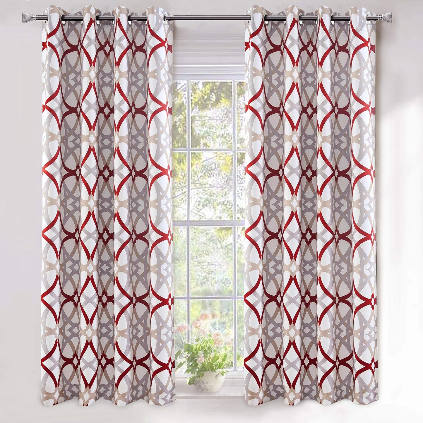 Driftaway Alexander Thermal Blackout Grommet Unlined Window Curtains Spiral Geo Trellis Pattern Set of 2 Panels Each Size 52 Inch by 84 Inch Red and Gray  DriftAway Red/Gray 52"X63" 
