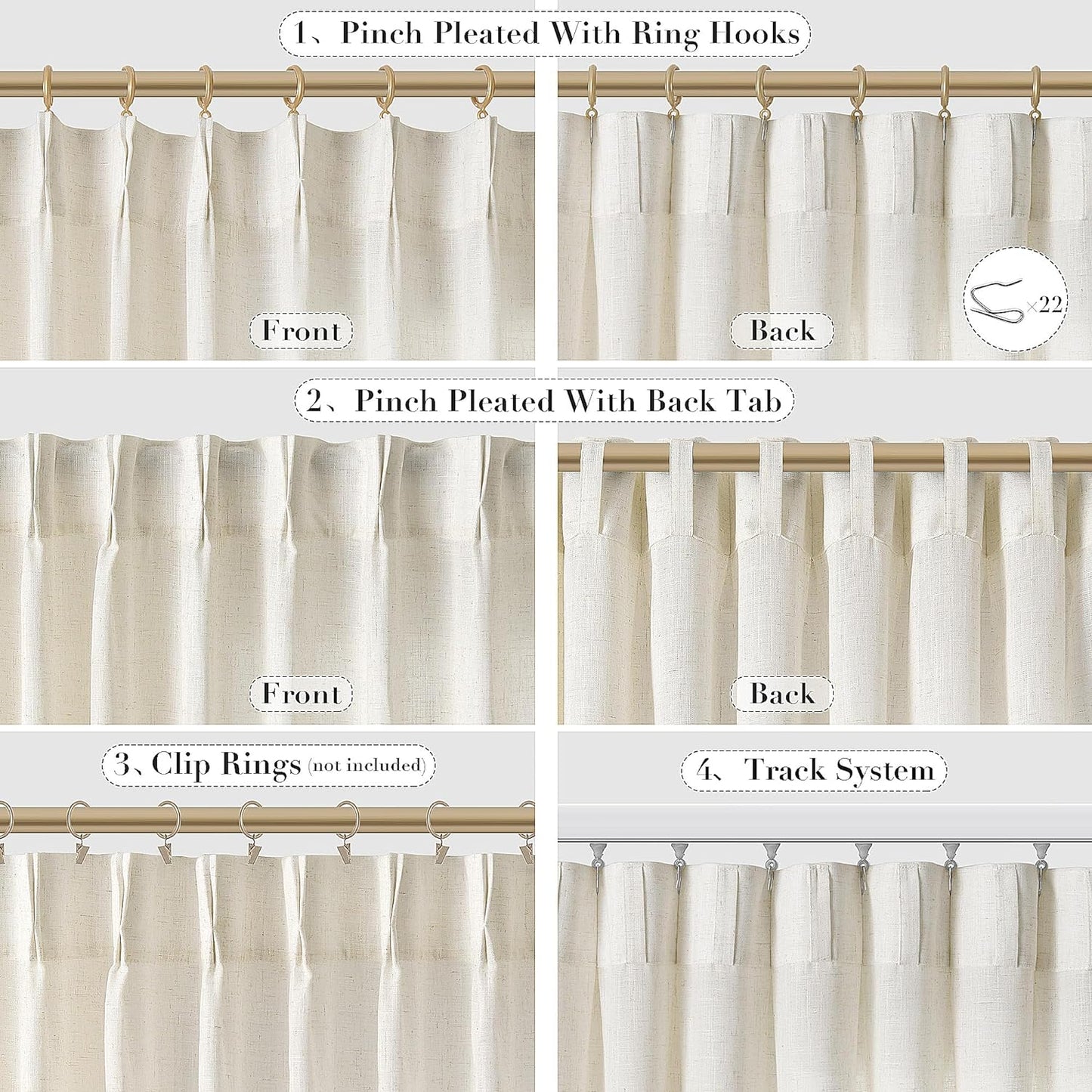 Joywell Linen Pinch Pleated Window Curtains 96 Inches Long,Back Tab Clip Rings Light Filtering Drapes with Hooks for Master Bedroom Living Room Decor,W50 X L96,Natural Beige,2 Panels Set 8 FT  Joywell   
