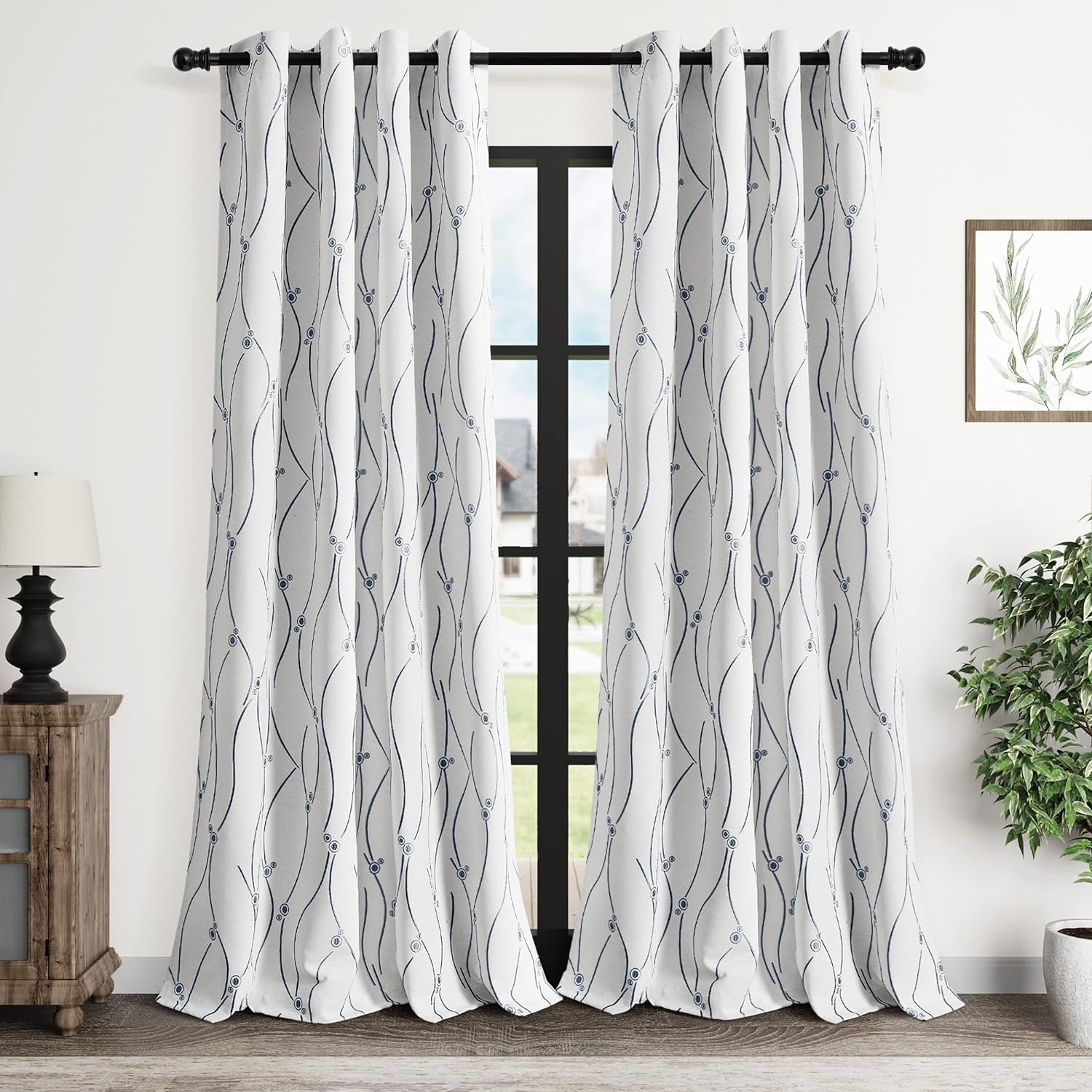 Linen Textured Curtains 84 Inches Long for Living Room Embroidered Room Darkening Window Curtains for Bedroom Neutral Cream Modern Farmhouse Curtain Beige Grommet Draperies Black Patterned Jacquard  Nanspring   
