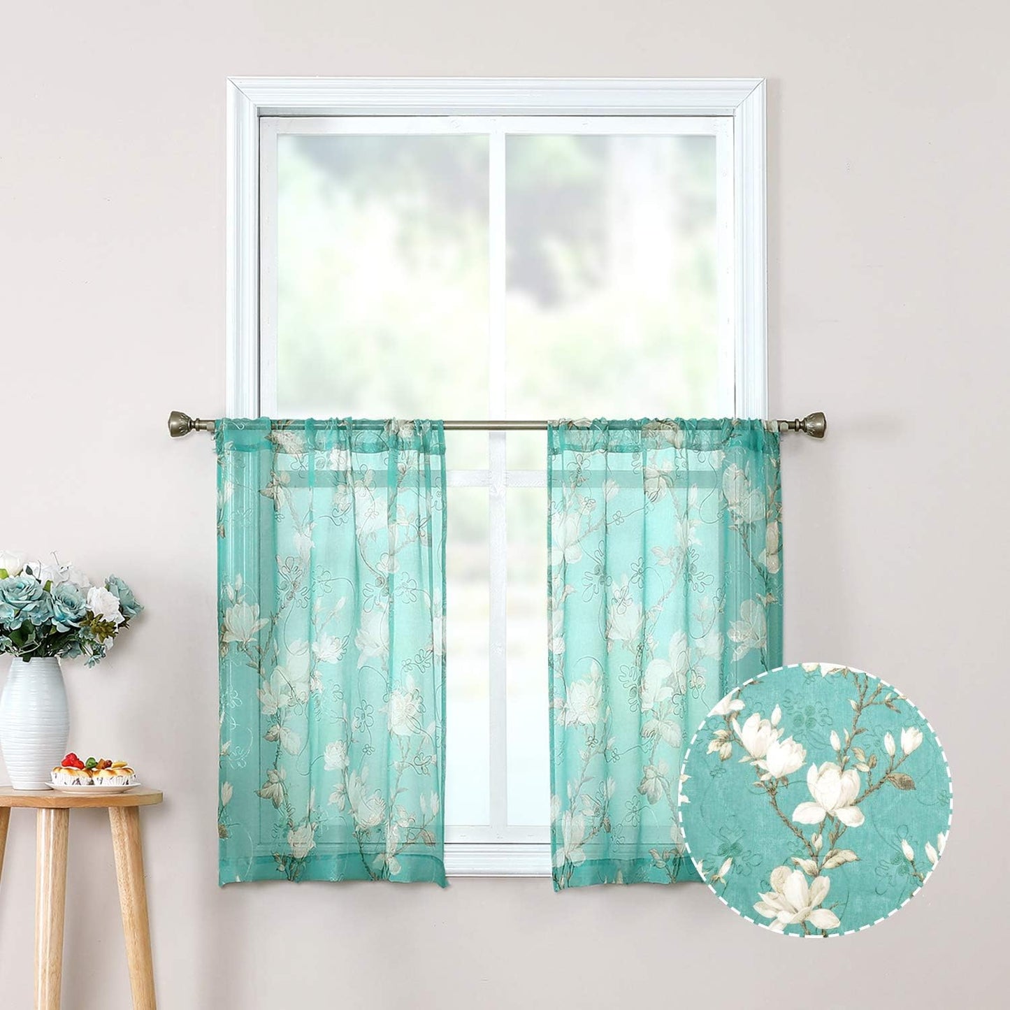 Tollpiz Floral White Sheer Curtain Flower Print Vine Embroidery Bedroom Curtains Rod Pocket Voile Window Curtain for Living Room, 54 X 84 Inches Long, Set of 2 Panels  Tollpiz Tex Turquoise 30"W X 24"L 