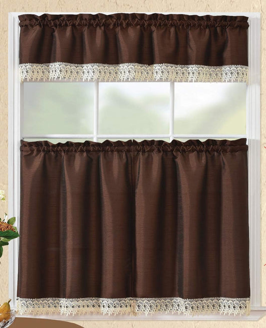 RT Designers Collection Chocolate Brazil Macrame Border Tier and Valance Kitchen Curtain Set