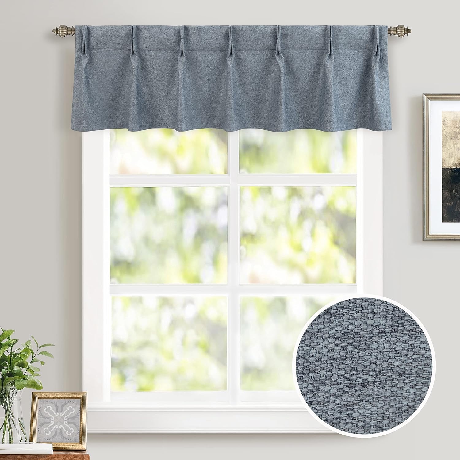 Driftaway Pinch Pleat Valance for Kitchen Window Blackout Faux Linen Textured Solid Valance for Living Room 16 Inch Farmhouse Linen Curtain Valance Window Treatment Back Tab 52X16 Dusty Blue