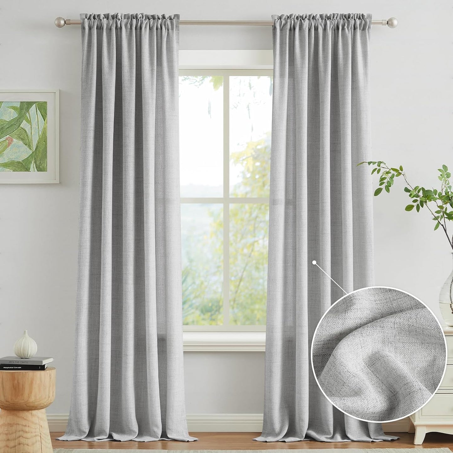 Melodieux Linen Curtains 84 Inches Long for Bedroom - Rod Pocket Burlap Linen Textured Semi Sheer Curtains Light Filtering Privacy Farmhouse Living Room Drapes (Set of 2, 52Inch X 84Inch, Beige)  Melodieux Light Grey W52" X L108" 