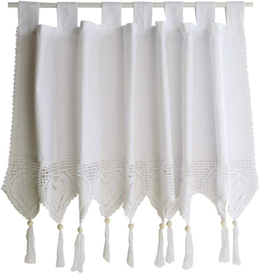 Crochet Window Valance Curtain Elegant Cotton Curtains with Tassel Light Filtering Top Tab Decorative Window Valances for Living Dining Room Cafe,1 Panel (White,59"X18")