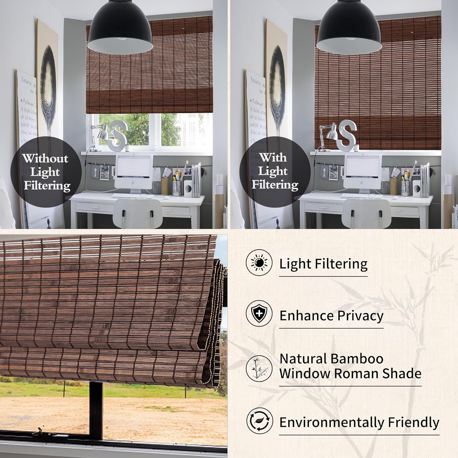 Cordless Bamboo Blinds Roman Shades Natural Weave Bamboo Roll up Bamboo Blinds for Indoor Windows Home and Garden Easy Installation 30W*72L