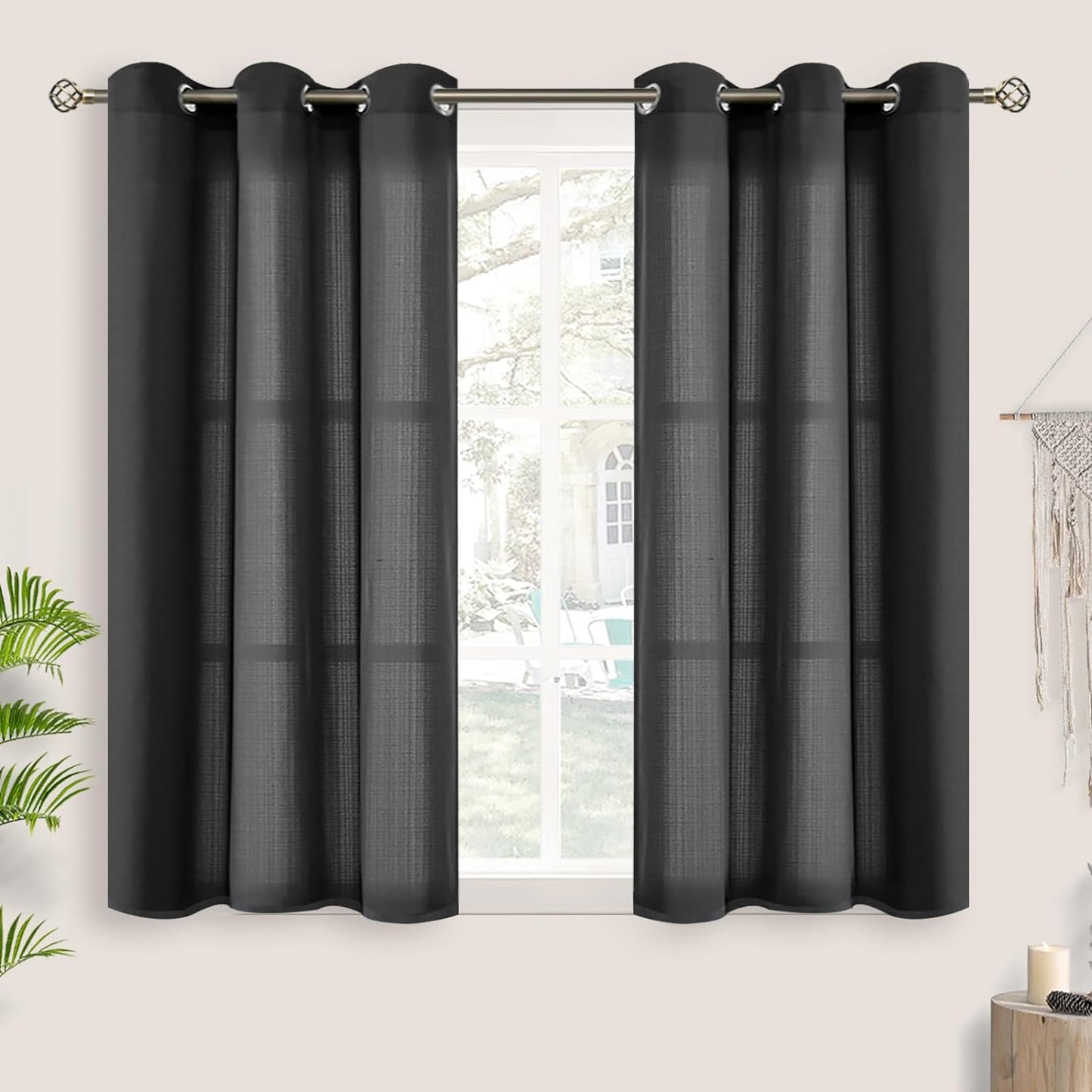 Bgment Natural Linen Look Semi Sheer Curtains for Bedroom, 52 X 54 Inch White Grommet Light Filtering Casual Textured Privacy Curtains for Bay Window, 2 Panels  BGment Black 42W X 45L 