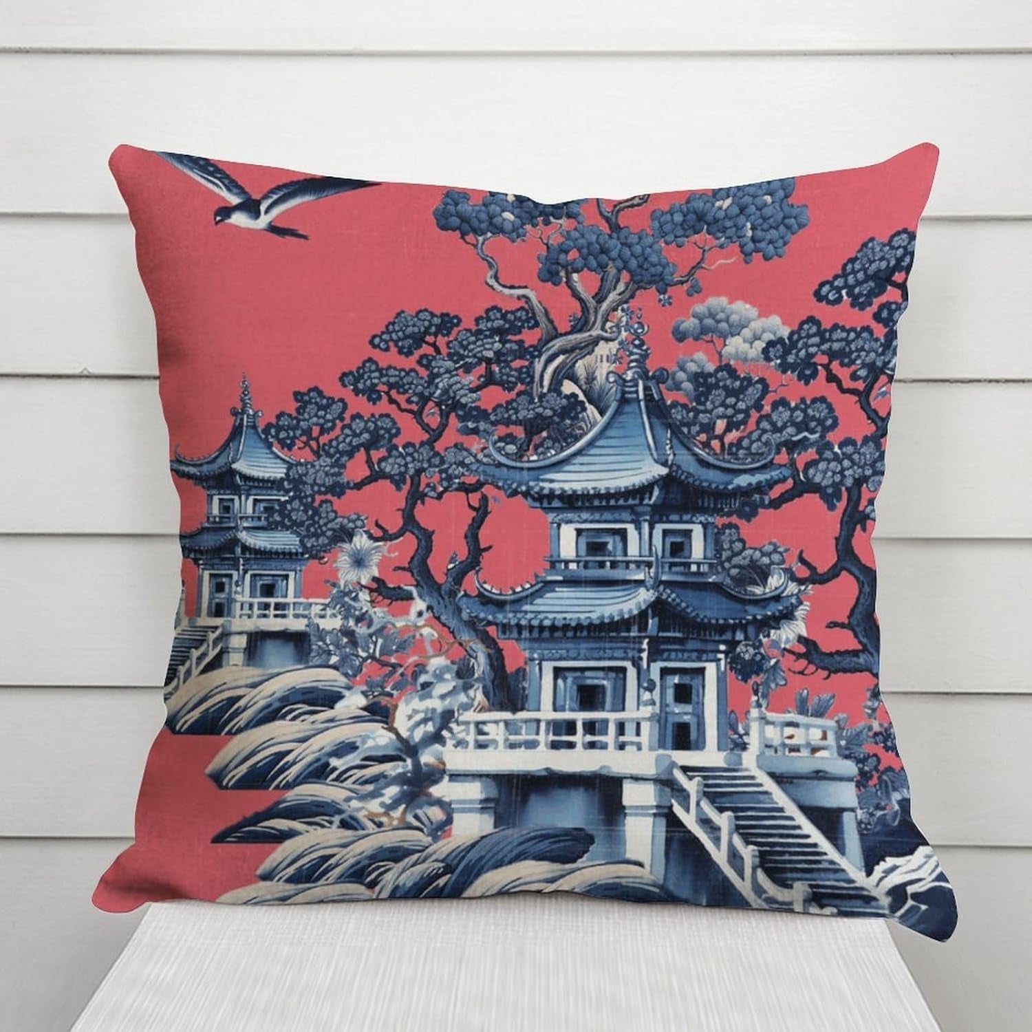 Decorative Pillow Cover Pink Blue Chinoiserie Pillow Square Made to Order Pillow Cover 18X18 Throw Pillow Toss Pillow Pagoda Cushion Cover