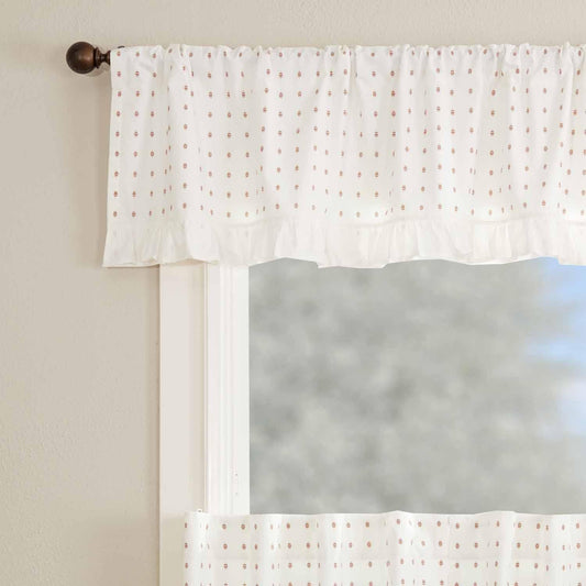 Piper Classics Abigail Ruffled Valance Curtain, 16" Long X 72" Wide, off White with Red Dots