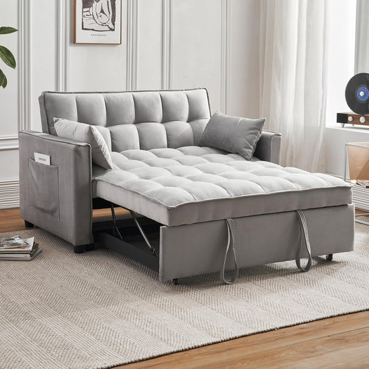 3-In-1 Convertible Sleeper Sofa Bed, Modern Velvet Futon Couch Pullout Bed with Adjustable Backrest, Storage Pockets and Pillows for Living Room, Bedroom (Grey)