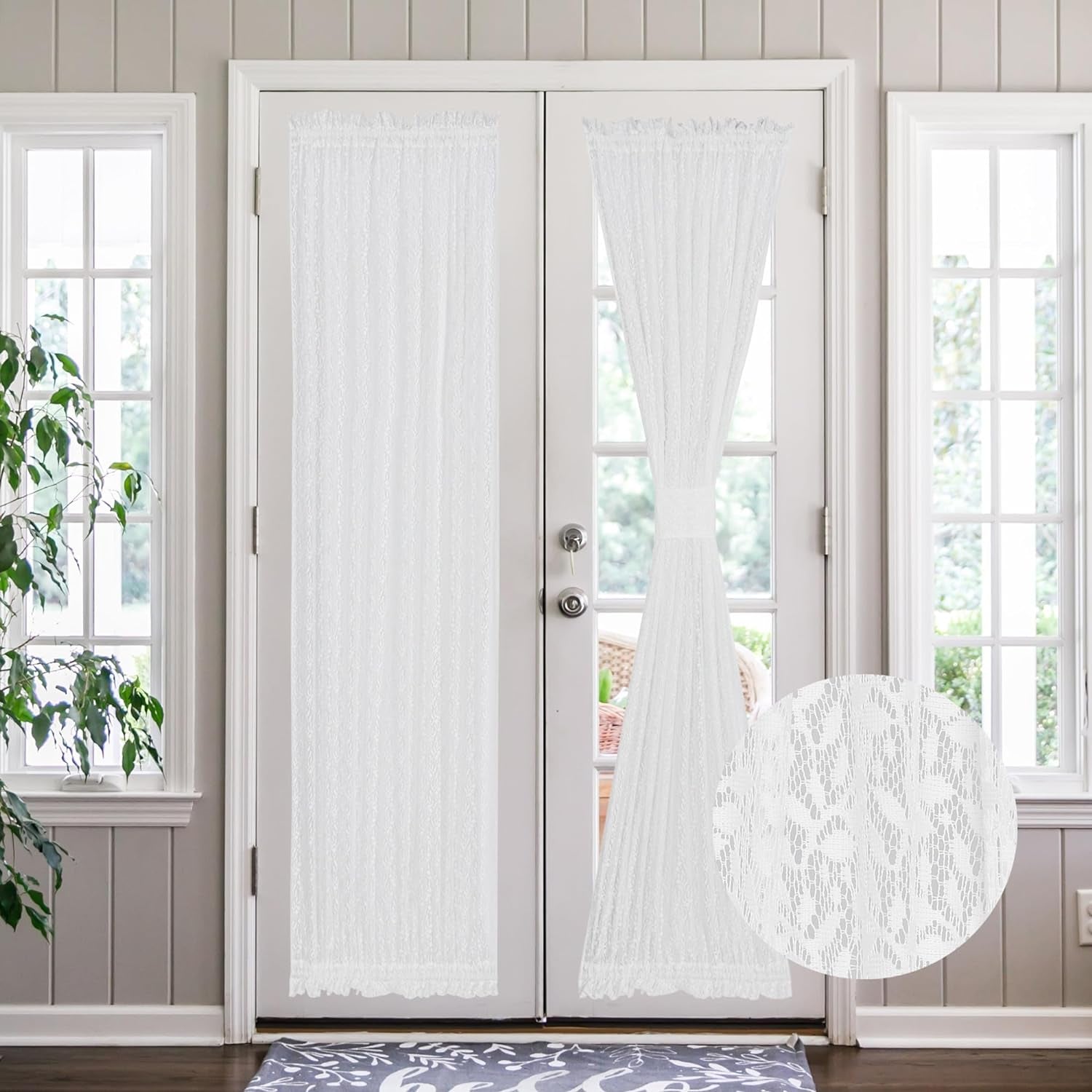 Rloncomix Green Lace French Door Curtain Leaf Branch Knitted Textured Glass Door Curtains Floral Semi Sheer Door Panel for Kitchen Patio Front Door Tieback Included, Single Panel, 52 X 72 Inch  RLoncomix White 52" X 72" 1 Pc 