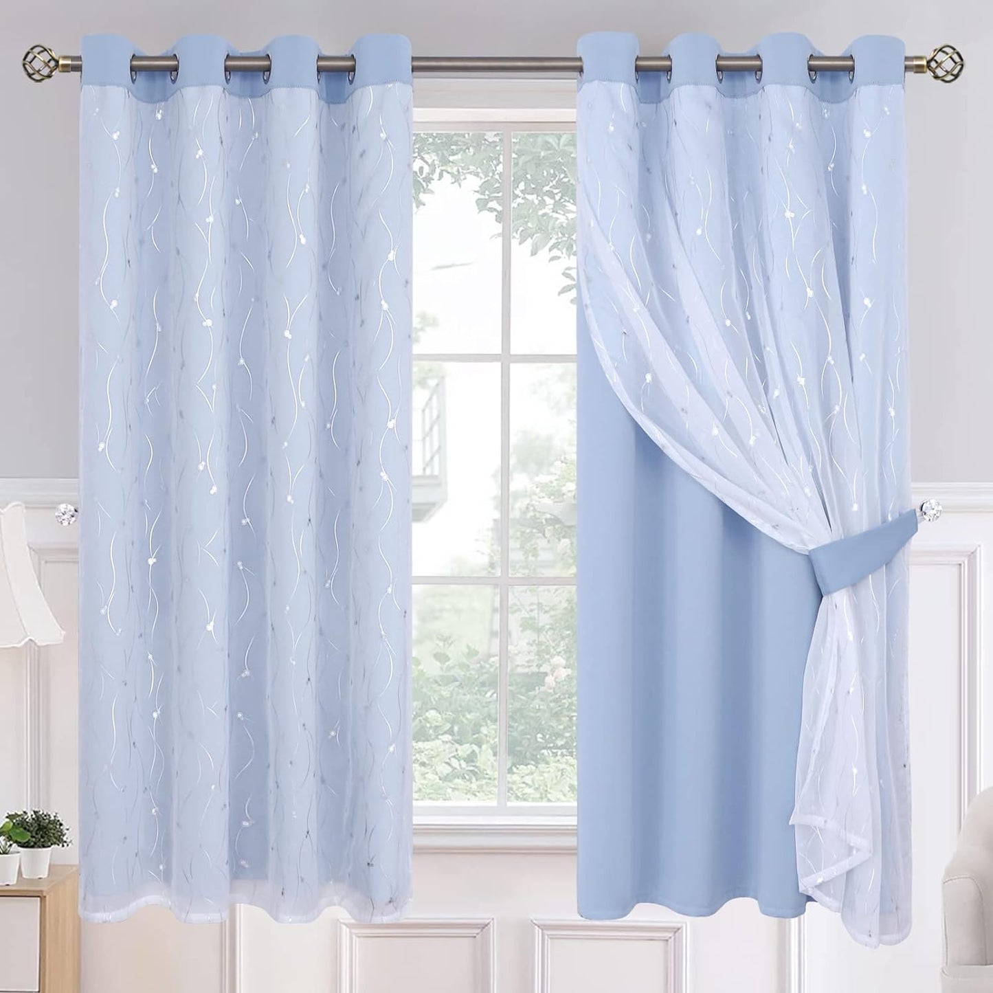 Bgment Grey Blackout Curtains with Sheer Overlay 84 Inches Long，Double Layer Silver Printed Kids Curtains Grommet Thermal Insulated Window Drapes for Living Room, 2 Panel, 52 X 84, Dark Grey  BGment Light Blue 52W X 63L 