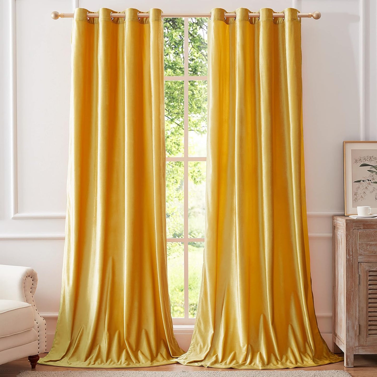 BULBUL Velvet Gold Curtains 84 Inch Length- Living Room Blackout Thermal Window Drapes Darkening Decor Grommet Curtains for Bedroom Set of 2 Panels  BULBUL Yellow 52"W X 90"L 