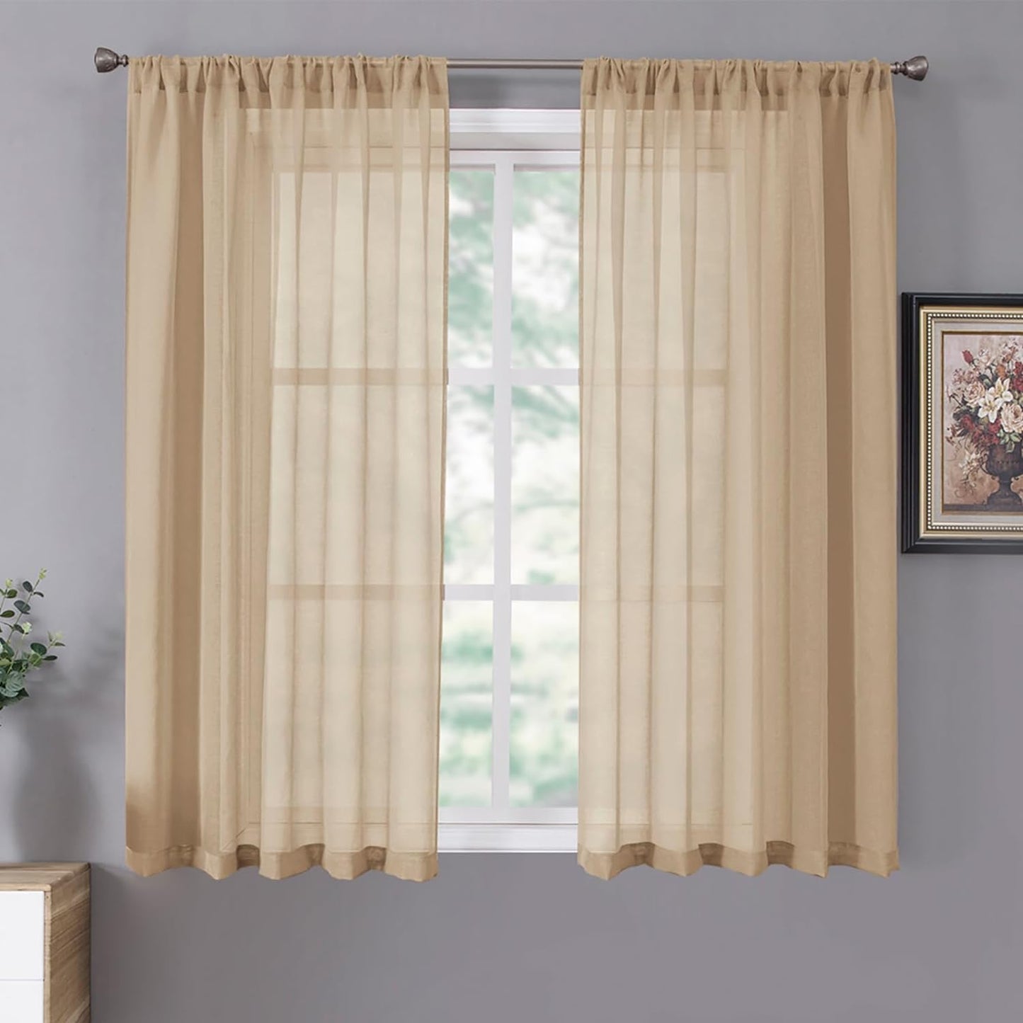 Tollpiz Short Sheer Curtains Linen Textured Bedroom Curtain Sheers Light Filtering Rod Pocket Voile Curtains for Living Room, 54 X 45 Inches Long, White, Set of 2 Panels  Tollpiz Tex Beige 54"W X 54"L 