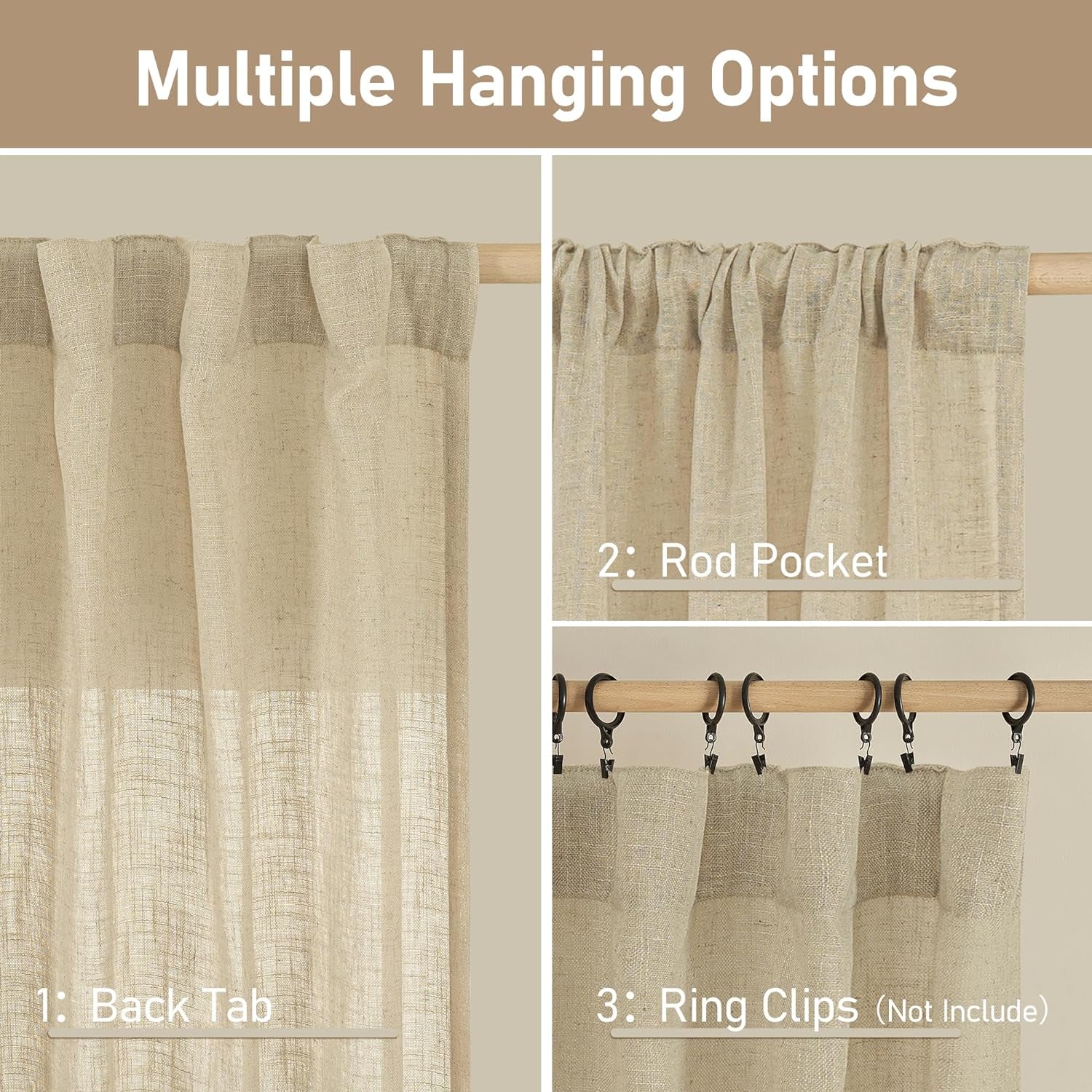 LAMIT Natural Linen Blended Curtains for Living Room, Back Tab and Rod Pocket Semi Sheer Curtains Light Filtering Country Rustic Drapes for Bedroom/Farmhouse, 2 Panels,52 X 108 Inch, Linen  LAMIT   