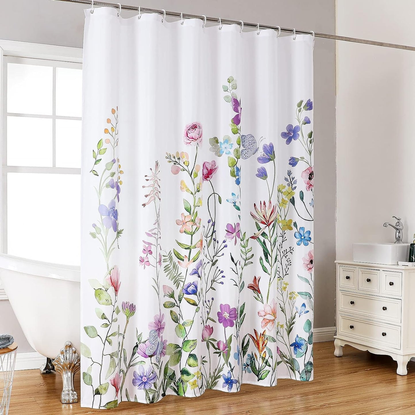 Floral Shower Curtain with 12 Hooks, 72''X72'' Waterproof Polyester Fabric Plant Shower Curtain for Bathroom, Heavy Weighted Hem Bathroom Curtain, Machine Washable, Quick Dry