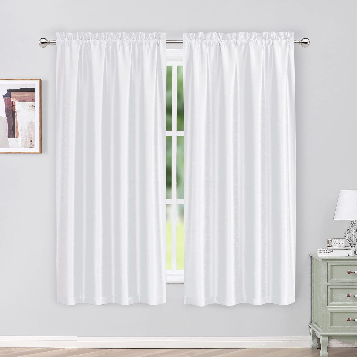 Chyhomenyc Uptown Sage Green Kitchen Curtains 45 Inch Length 2 Panels, Room Darkening Faux Silk Chic Fabric Short Window Curtains for Bedroom Living Room, Each 30Wx45L  Chyhomenyc White 2X40"Wx63"L 
