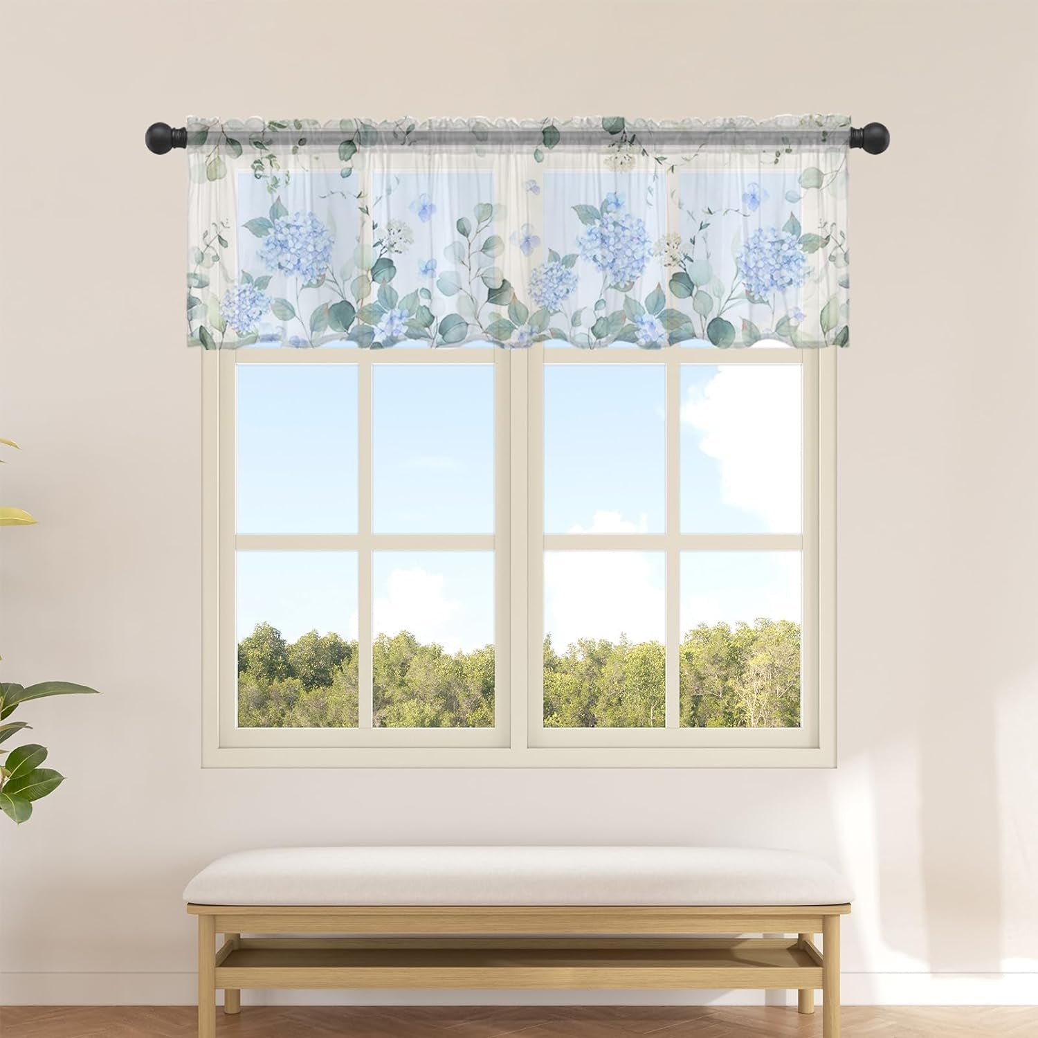 Eucalyptus Hydrangea Valance Curtains for Kitchen/Living Room/Bathroom/Bedroom Window,Rod Pocket Small Topper Half Short Window Curtains Voile Sheer Scarf, Watercolor Flowers Rustic Chic Plant 54"X18"