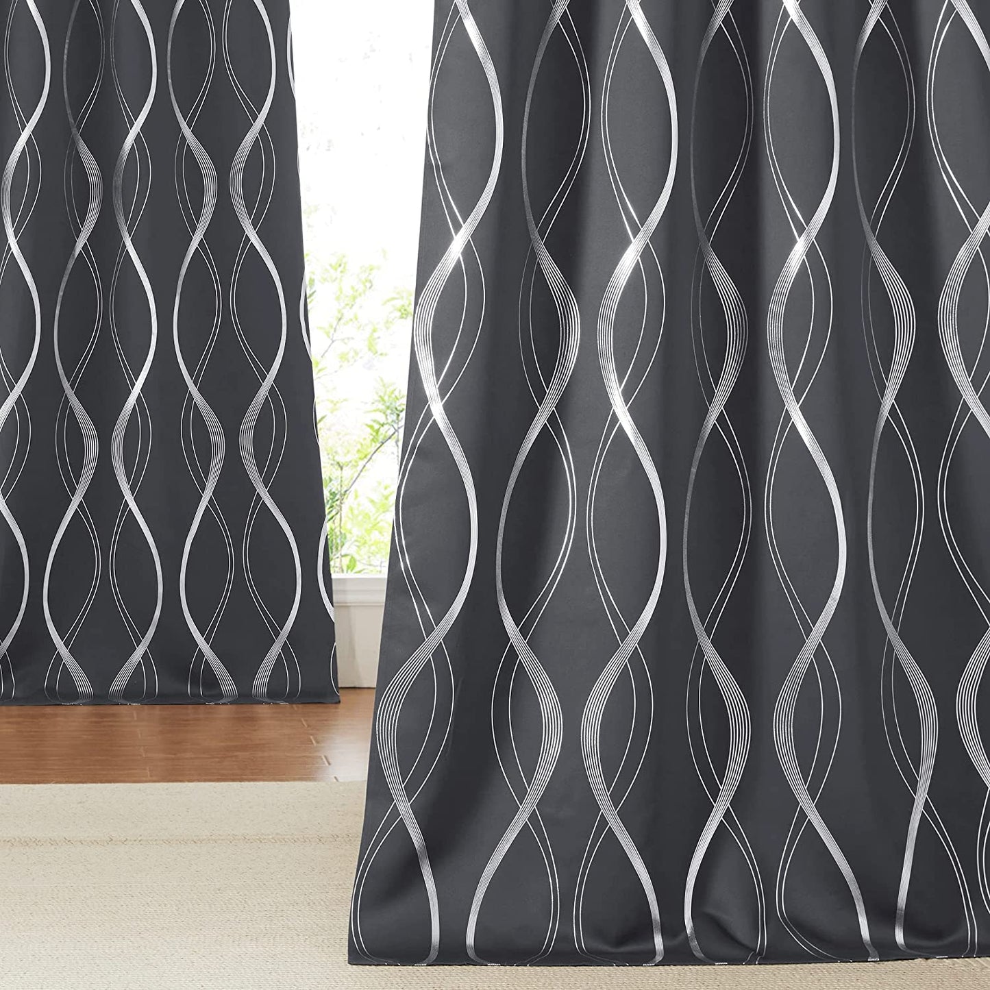 NICETOWN Grey Blackout Curtains 84 Inch Length 2 Panels Set for Bedroom/Living Room, Noise Reducing Thermal Insulated Wave Line Foil Print Drapes for Patio Sliding Glass Door (52 X 84, Gray)  NICETOWN Grey 52"W X 90"L 