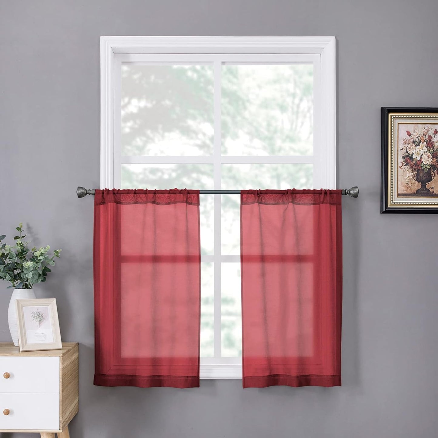Tollpiz Short Sheer Curtains Linen Textured Bedroom Curtain Sheers Light Filtering Rod Pocket Voile Curtains for Living Room, 54 X 45 Inches Long, White, Set of 2 Panels  Tollpiz Tex Burgundy Red 25"W X 36"L 