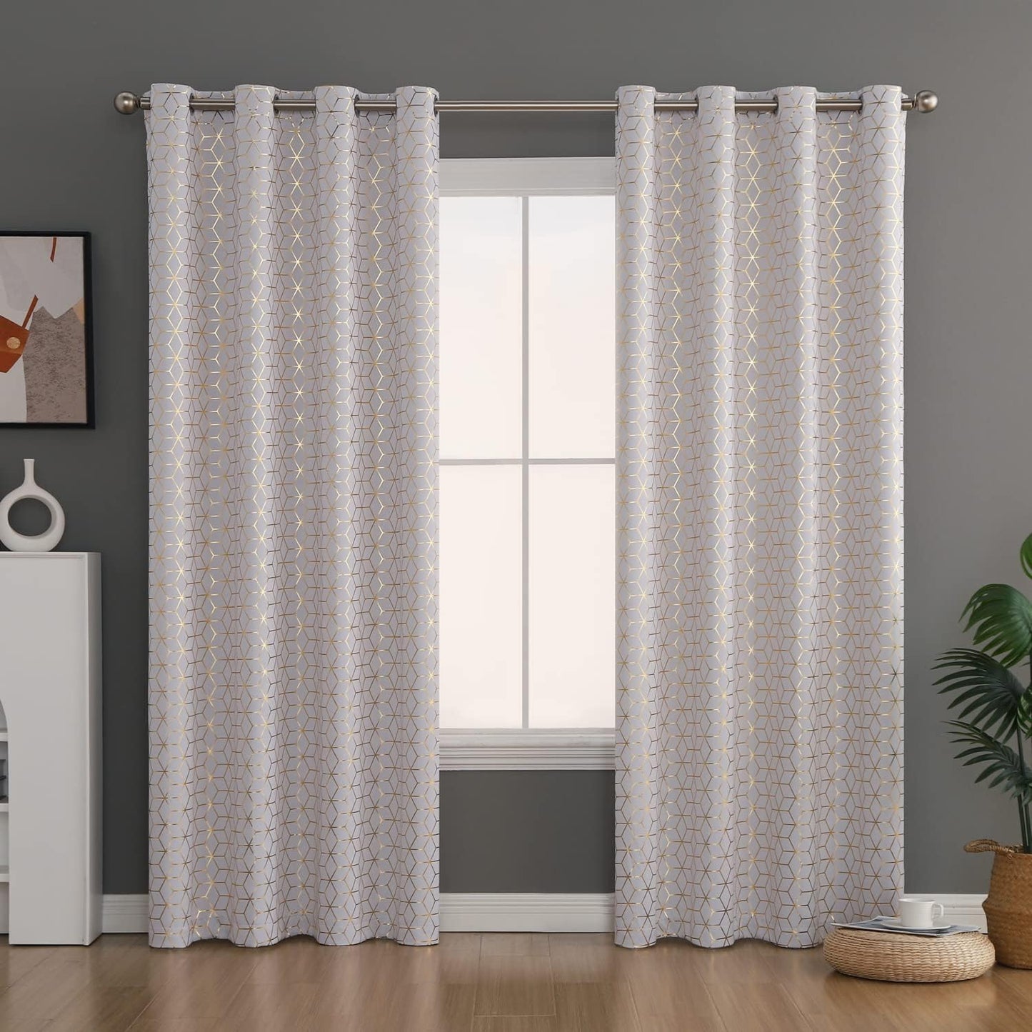 Dreaming Casa Solid Room Darkening Blackout Curtains for Bedroom Draperies Window Treatment Grey Rod Pocket 2 Panels 52" W X 96" L  Dreaming Casa White-Gold Cube 2 X (100"W X 84"L) 