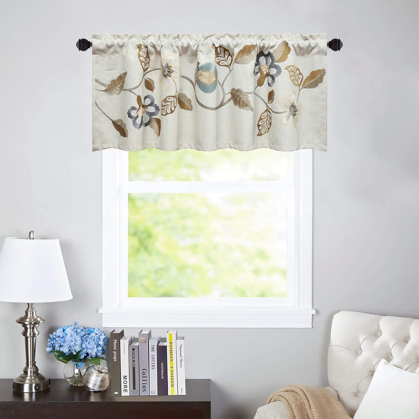 VOGOL Linen Valances for Living Room, Vintage Floral Valance for Bedroom, Rod Pocket Valance Curtains for Dining Room, 52''W X 18''L, One Panel, Flower Embroidery  YouYee Ys009  