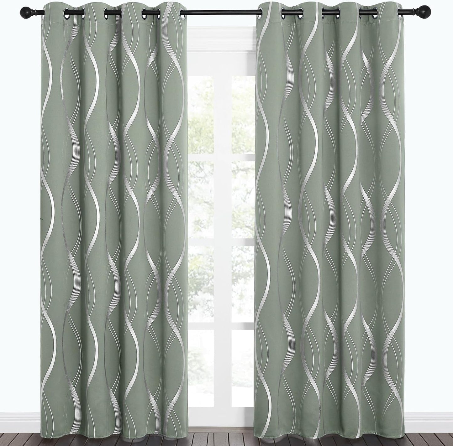 NICETOWN Grey Blackout Curtains 84 Inch Length 2 Panels Set for Bedroom/Living Room, Noise Reducing Thermal Insulated Wave Line Foil Print Drapes for Patio Sliding Glass Door (52 X 84, Gray)  NICETOWN Greyish Green 52"W X 84"L 