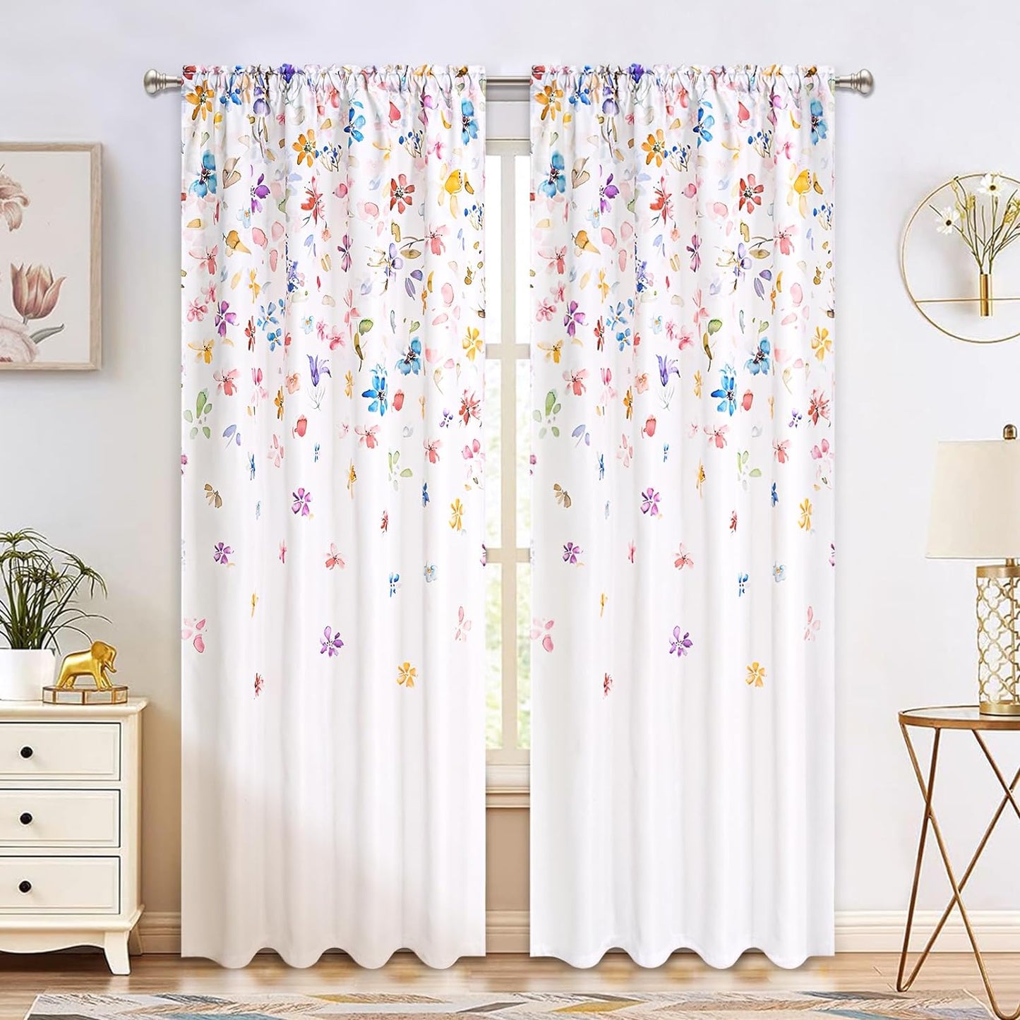 FRAMICS Floral Window Curtains for Living Room Floral Curtains 63 Inch Length 2 Panels Colorful Flowers Curtains for Bedroom Light Filtering Rod Pocket Curtains, 52" W X 63" L  FRAMICS White 52"W X 84"L 