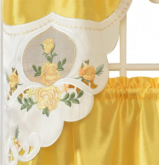 GOHD GOLDEN OCEAN HOME DECOR Rose Melody. 3Pcs Kitchen Cafe Curtain Set. Swag and 24 Inches Tiers Set for Small Windows. Nice Matching Color Rose Embroidery on Border and Inserted Organza. (Yellow)