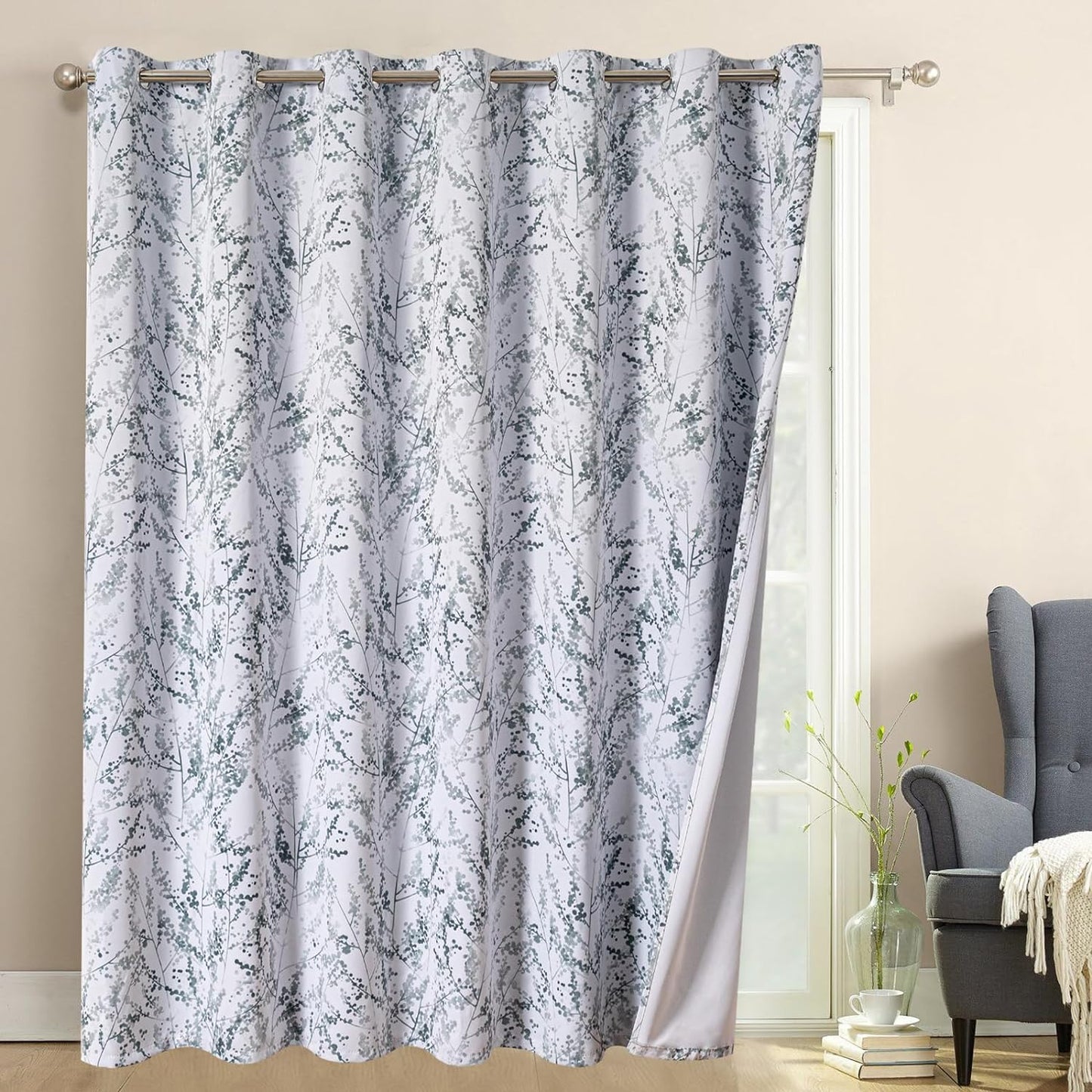 MYSKY HOME Living Room Curtains 84 Inches Long Thermal Insulated Room Darkening Curtains for Dining Room Patio Leaf Pattern Grommet Drapes for Bedroom, Sage, 2 Pieces  MYSKY HOME Branch-Grey And Black 100"W X 84"L 