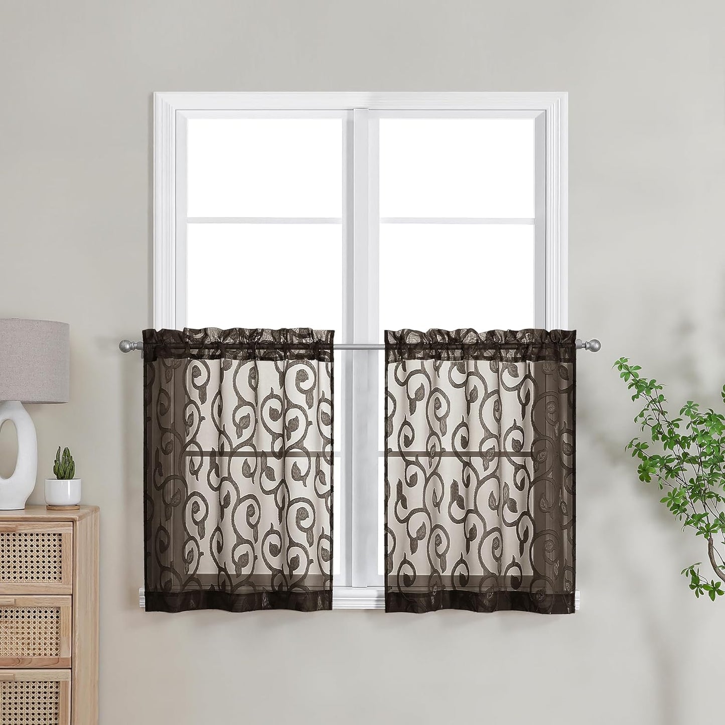 OWENIE Furman Sheer White Curtains 84 Inches Long for Bedroom Living Room 2 Panels Set, White Curtains Jacquard Clip Light Filtering Semi Sheer Curtain Transparent Rod Pocket Window Drapes, 2 Pcs  OWENIE Chocolate 26W X 24L 