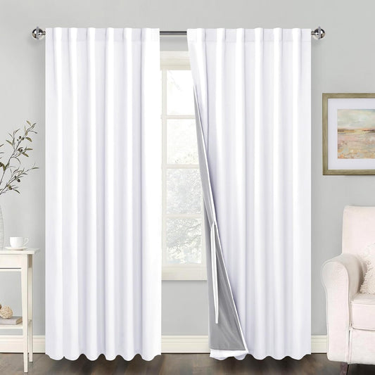 100% Blackout Curtains 2 Panels with Tiebacks- Heat and Full Light Blocking Window Treatment with Black Liner for Bedroom/Nursery, Rod Pocket & Back Tab，White, W52 X L84 Inches Long, Set of 2  XWZO White W52" X L108"|2 Panels 