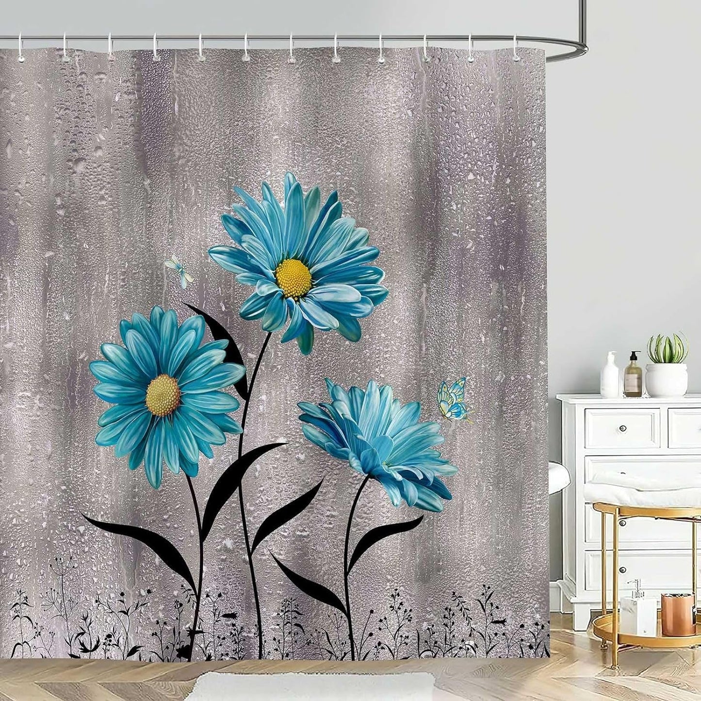 Grey Shower Curtain for Bathroom, Rustic Country Blue Floral Shower Curtains,Gray Heavy Duty Textured Fabric Bathroom Shower Curtains,72X72 Inch